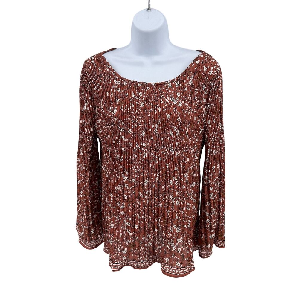 Max Studio Orange Terracotta Crepe Pleated Top Womens Large Long Sleeve Floral